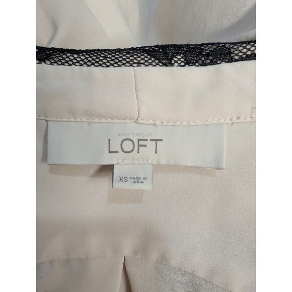 Ann Taylor LOFT Blouse XS Cream Black Lace Trim Bow Neck Long Sleeve - Picture 7 of 8